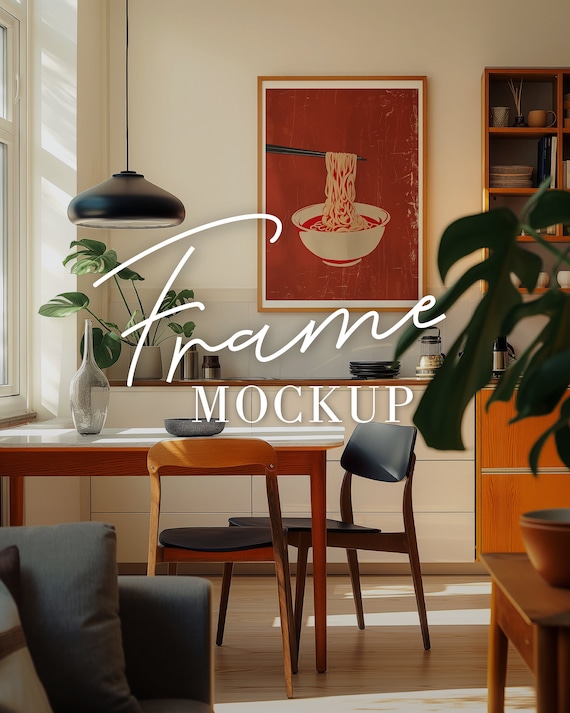 Kitchen frame PSD mockup jpeg download, Dining room neutral sunlit home interior, minimalist single thin oak wood frame poster wall art