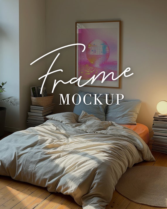 Bedroom frame mock up psd, digital download, dark moody floor bed nook home interior, single thin oak wood frame poster wall art mockup