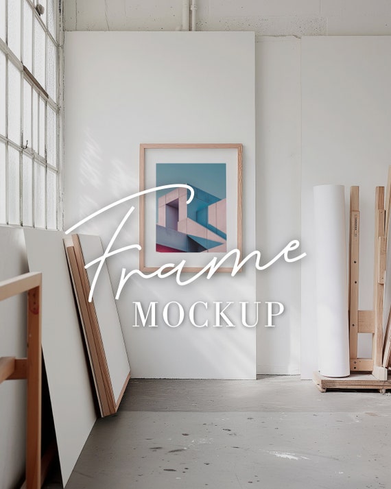 Art studio mockup psd, single thin wood frame, home office loft modern interior, simple minimal gallery, empty wood frame stock image