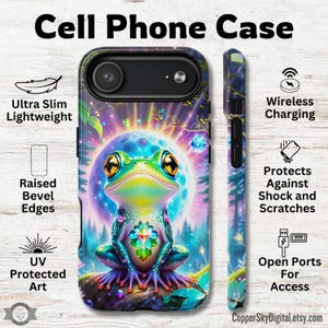 May include: A cell phone case with a colourful frog design set against a moon. The case is ultra slim and lightweight, with raised bevel edges. The design includes UV protected art and supports wireless charging. It protects against shocks and scratches, with open ports for access.