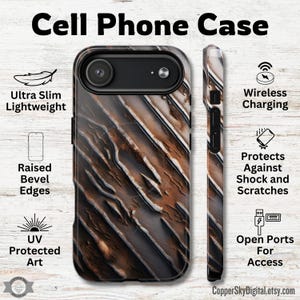 May include: Cell phone case with a brown and grey abstract design. Features include ultra-slim lightweight design, raised bevel edges, UV-protected art, wireless charging, and open ports for access. The case protects against shock and scratches.