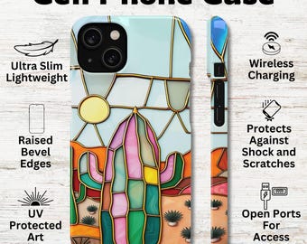 Stained Glass Cactus Glossy Cell Phone Snap On Case Desert Flower Lovers Gift