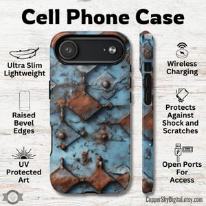 May include: A cell phone case with a blue and rust-colored geometric design. The case is shown from the front and side, with the words "Cell Phone Case" at the top. Features include wireless charging, raised bevel edges, and UV-protected art.