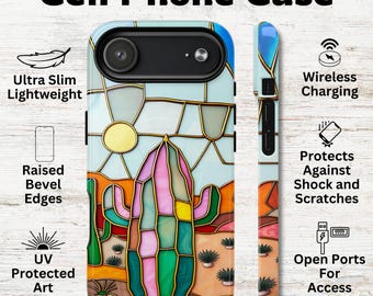 Stained Glass Cactus Glossy Cell Phone Magnetic Case Desert Flower Art Lovers Gift