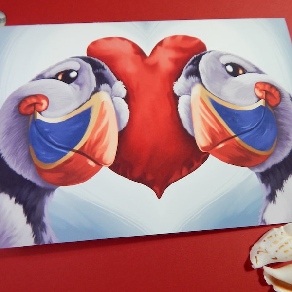 Valentine Puffins: A whimsical card for valentine's day or anniversary