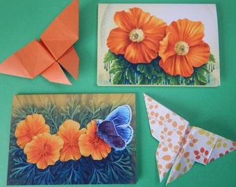 Jeu de 2 cartes (A6) faites main avec des coquelicots orange vif