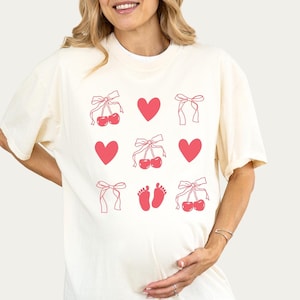 Uroczy komunikat o ciąży Cherry Love Shirt, koszulka Coquette Baby Reveal Valentines, prezent dla przyszłej mamy, Cherrycore Baby Shower Maternity