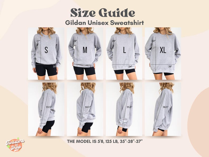 May include: Size guide for a Gildan unisex sweatshirt showing the measurements of the sweatshirt in inches when worn by a model who is 5'8" and 125 lbs. The model is wearing sizes S, M, L, and XL.