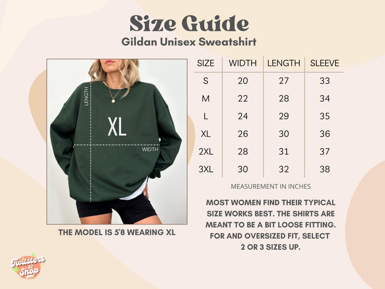 May include: Size chart for a Gildan unisex sweatshirt. The chart shows the width, length, and sleeve length in inches for sizes S through 3XL. The model is wearing a size XL sweatshirt.