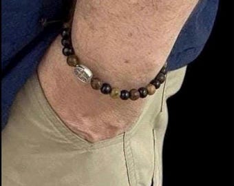 Men's St Benedict Wooden Rosary Bracelet, Catholic Protection Chaplet Beads, Masculine Gift for Him
