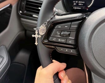 Hematite Steering Wheel Rosary Tenner, Saint Benedict or St Christopher Protection Chaplet