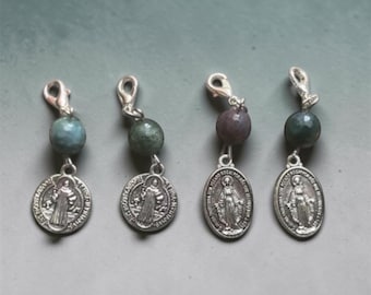 Set of 4 Natural Stone Rosary Trackers | St. Benedict | Miraculous Medal Rosary Markers | Catholic Zipper Pulls & Prayer Gifts