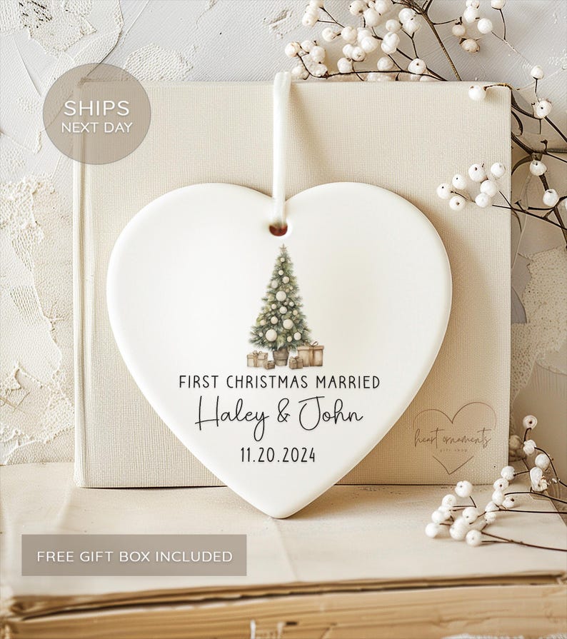 First Christmas Married Ornament 2025 - Personalized Script Married Christmas Ornament w/ Names and Date - Custom Christmas Married Ornament