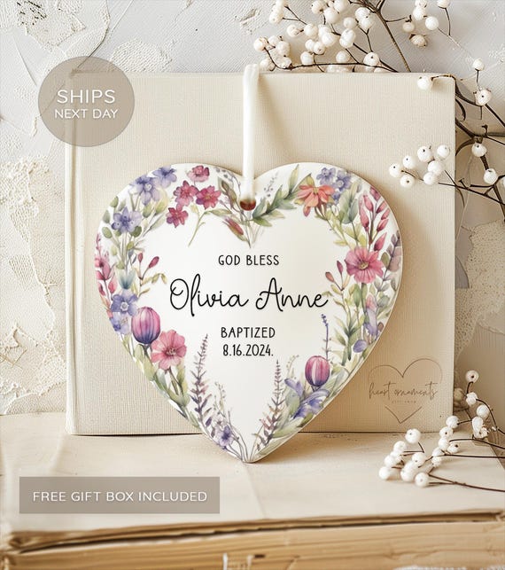 Personalized Spring Floral Baptism Ornament - Custom Baptism Heart Ornament for Girls - Christening Gift