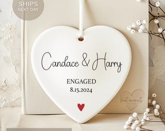 Personalized Red Heart Engaged Christmas Ornament 2026 - Custom Script First Christmas Engaged Ornament - Engagement Gift w/ Names and Date