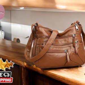 Sac à bandoulière en cuir véritable | Sac à bandoulière souple grande capacité | Porte-monnaie uni à plusieurs fermetures à glissière | à main pour femme | Accessoires élégants de tous les jours