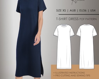 Midi T-Shirt Dress PDF digital sewing pattern [[ SIZE XS | AU8 | EU36 | US4 ]]