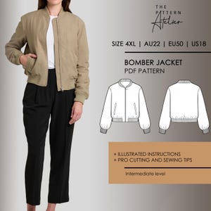 May include: A woman wearing a tan bomber jacket with black pants and a white shirt. The image includes a line drawing of the bomber jacket and text that reads "BOMBER JACKET PDF PATTERN" and "SIZE 4XL | AU22 | EU50 | US18". The pattern includes illustrated instructions and pro cutting and sewing tips.