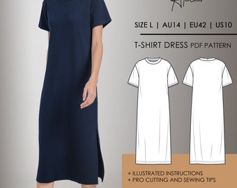 May include: A PDF sewing pattern for a t-shirt dress. The pattern includes illustrated instructions and pro cutting and sewing tips. The pattern is suitable for beginners. The pattern is available in size L, AU14, EU42, and US10.