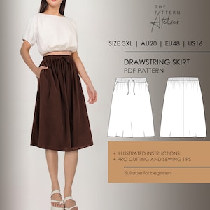 Midi Drawstring Skirt PDF digital sewing pattern [[ SIZE 3XL | AU20 | EU48 | US16 ]]