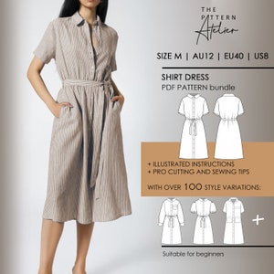 Puede incluir: Un paquete de patrones PDF para un vestido camisa con más de 100 variaciones de estilo. El patrón incluye instrucciones ilustradas y consejos profesionales de corte y costura. El vestido se muestra en una tela a rayas y es adecuado para principiantes. Talla M | AU12 | EU40 | US8