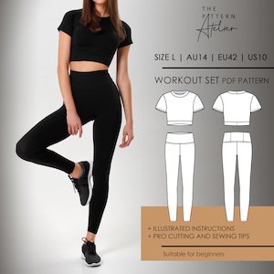May include: A black workout set PDF pattern for size L, including a cropped top and leggings. The pattern includes illustrated instructions and pro cutting and sewing tips. Suitable for beginners.