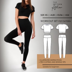 Puede incluir: Patrón PDF para un conjunto de entrenamiento compuesto por un top corto y leggings. El patrón incluye instrucciones ilustradas y consejos profesionales para cortar y coser. Adecuado para principiantes. Tallas XS, AU8, EU36, US4.