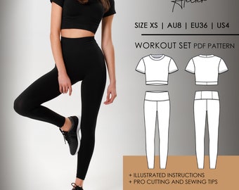 Pode incluir: Padrão PDF para um conjunto de treino composto por um top curto e leggings. O padrão inclui instruções ilustradas e dicas profissionais para cortar e costurar. Adequado para iniciantes. Tamanhos XS, AU8, EU36, US4.