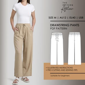 Patrón de costura digital en PDF para pantalón ancho con cordón [[TALLA M / AU12 / EU40 / US8 ]]