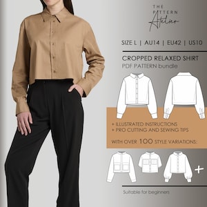 Cropped Shirt PDF digital sewing pattern BUNDLE – with over 100 possible style variations [[ SIZE L | AU14 | EU42 | US10 ]]