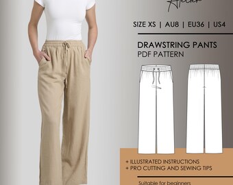 Digitalt sömnadsmönster för vida byxor med dragsko i PDF-format [[STORLEK XS | AU8 | EU36 | US4]]