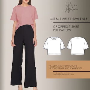 Könnte beinhalten: Ein PDF-Schnittmuster für ein kurzes T-Shirt in Größe M mit illustrierten Anleitungen und professionellen Tipps zum Zuschneiden und Nähen. Geeignet für Anfänger.