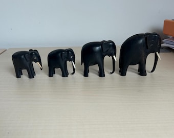 Hand Carved, Ebony Wooden Elephant, Family of 4