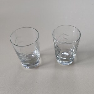 May include: Two clear glass shot glasses with etched designs. The glasses are empty and sitting on a white surface.