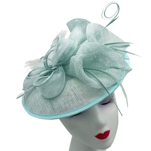 Baby Blue Fascinator Sinamay made Round headband and clip with feathers & Flower Detailing