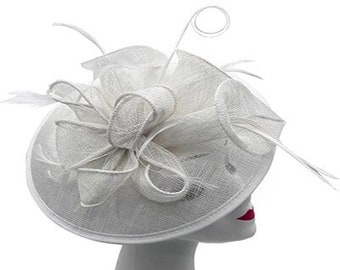 White Fascinator Sinamay made Round headband and clip with feathers & Flower Detailing Large Hatinator