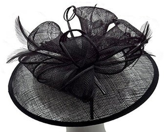 Black fascinator large round with headband and clip Wedding hat Hatinator Funeral hat