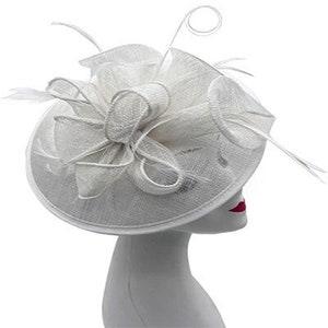 White Fascinator Sinamay made Round headband and clip with feathers & Flower Detailing Large Hatinator