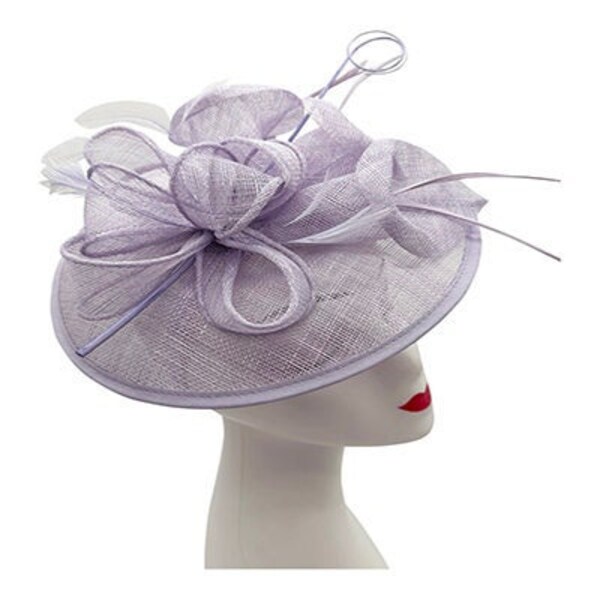 Lilac Purple Fascinator Sinamay made Round headband and clip with feathers & Flower Detailing