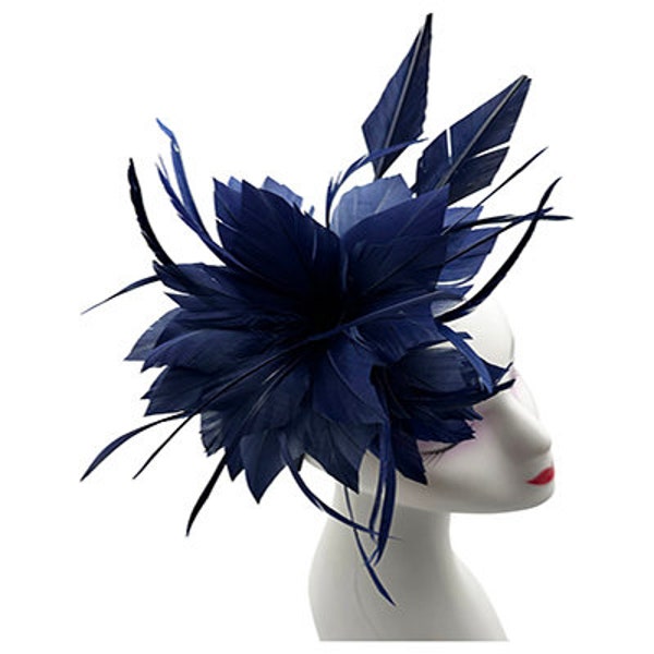 Navy Blue Fascinator with headband and clip with flower feathers for weddings, races, royal ascot hat