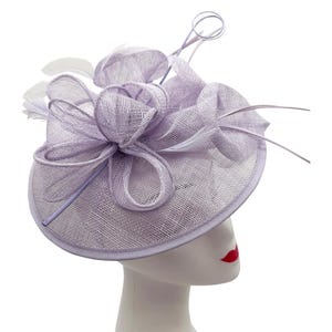 Lilac Purple Fascinator Sinamay made Round headband and clip with feathers & Flower Detailing