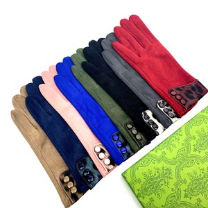 Women Button Gloves Ladies Gloves Touch Screen Leopard Cuff Winter Warm Soft Luxury Finger One Size New