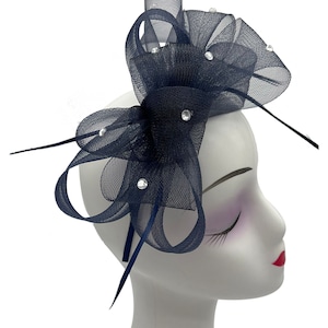 Navy blue fascinator bow shaped with feathers with headband and clip wedding hat hatinator