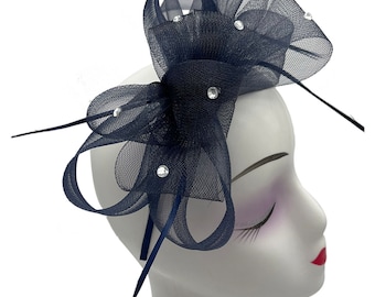 Navy blue fascinator bow shaped with feathers with headband and clip wedding hat hatinator