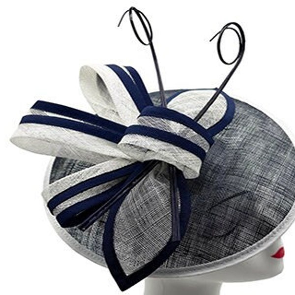 New Navy Fascinator with White edges Round Shaped With Removable Headband & Clip Wedding Hat