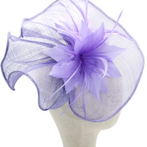 lilac purple fascinator flowers feather net Kentucky derby hat headpiece Wavy weddings with removable headband and clip