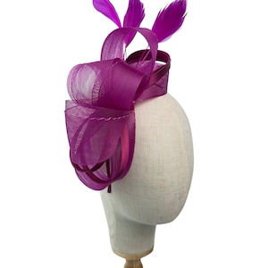 New Purple Headband and clip Mesh Bow shape fascinator with Loops & Feathers Detail
