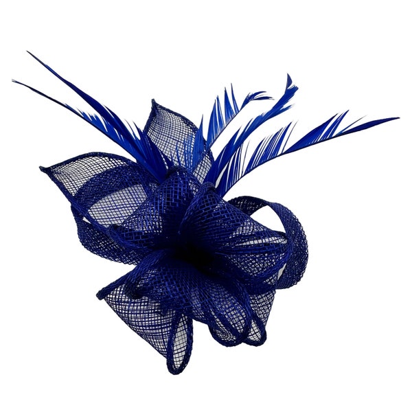 Bibi bleu royal, petit, chapeau de mariage, épingle à broche - clip, fleur - plumes, pour mariages, royal ascot, courses, mini bibis