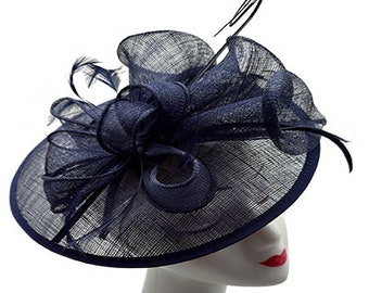 Fascinator blu navy rotondo grande cappello da sposa con fascia e clip hatinator