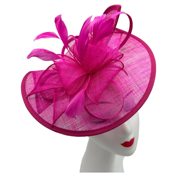 Grande cappello da sposa fascinator fucsia sinamay loop piume con fascia rimovibile e clip